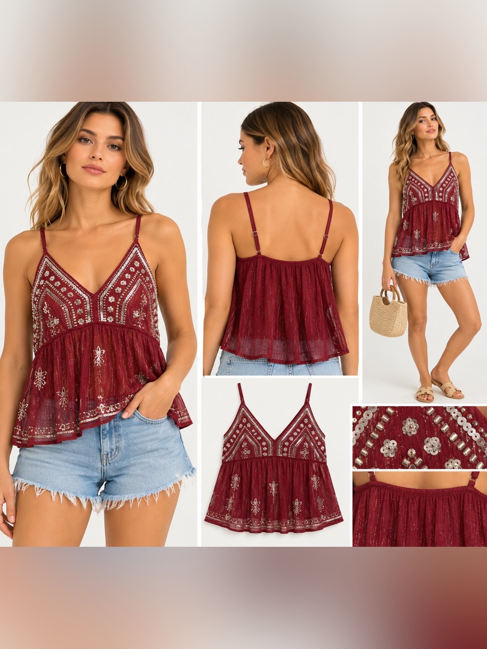 Lizette Collection Burgundy Embellished Sequin Babydoll Cami Top Medium